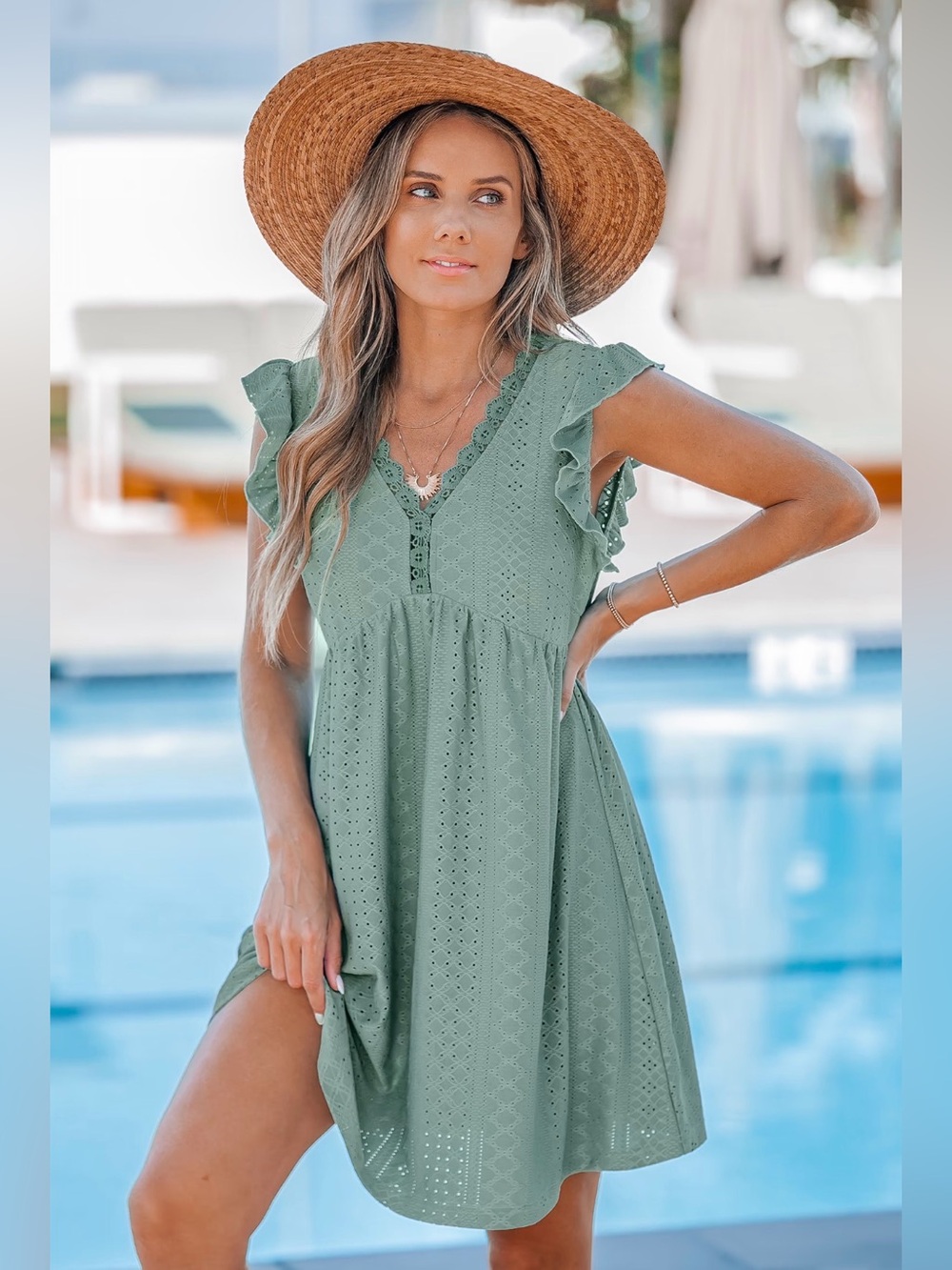 NWT Cupshe Sage Green Eyelet Flutter-Sleeve Dress- size M